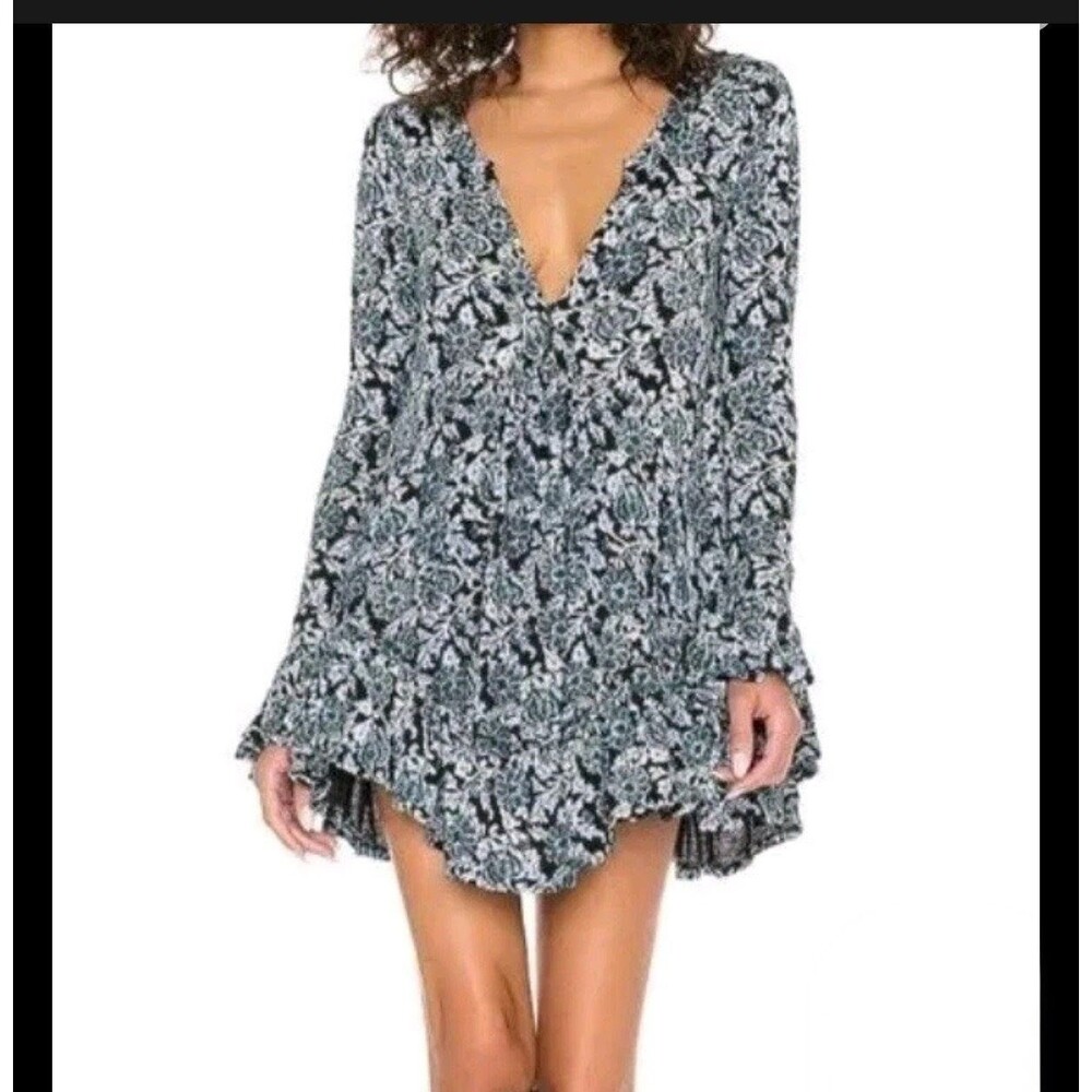 Free People Olivia Printed Ruffled Tunic Dress Deep Sea Green Size